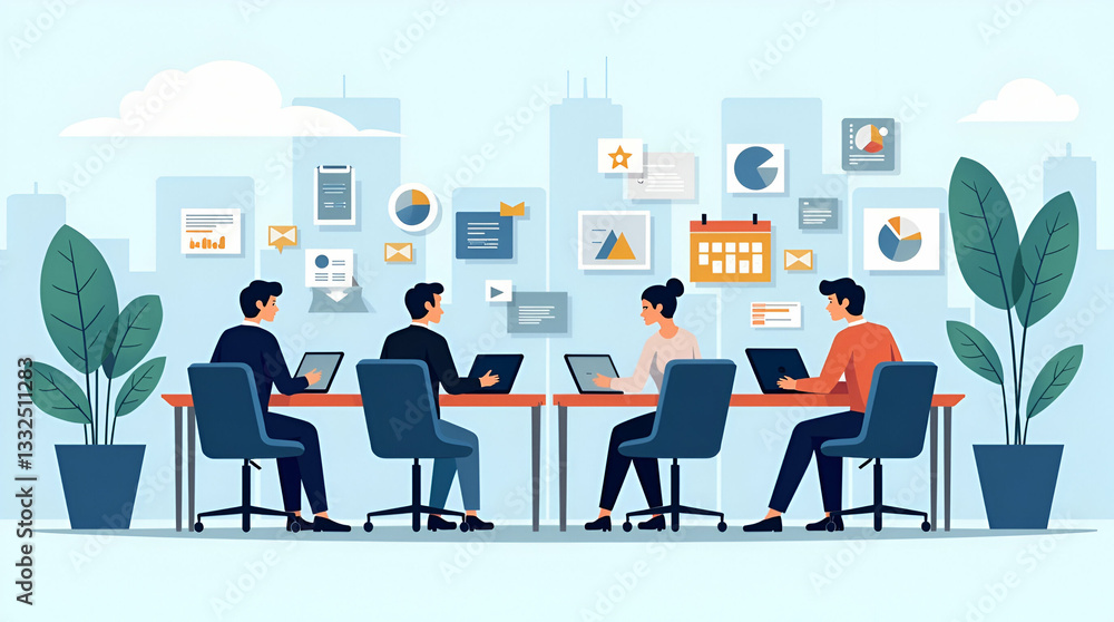 Vector Business Illustration: Team Collaboration in Marketing Strategy Vector Business Illustration: Team Collaboration in Marketing Strategy