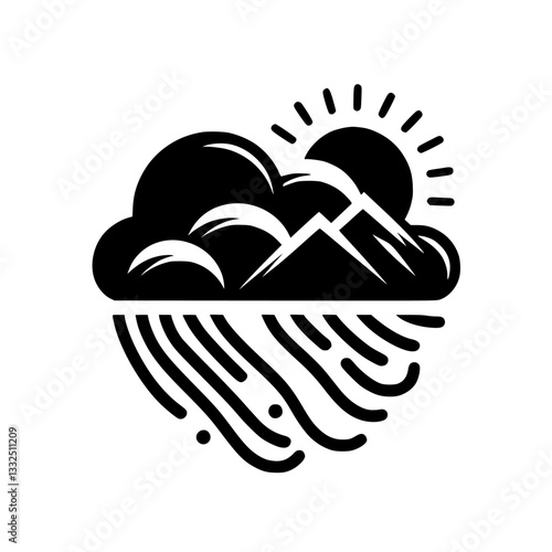 Stylized black and white weather icon depicting sun peeking over mountains shrouded in cloud with rain falling below, isolated on white.