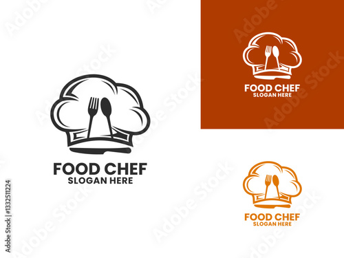 Chef logo design vector. Food logo with chef hat, fork, spoon and knife icon. Food logo design template