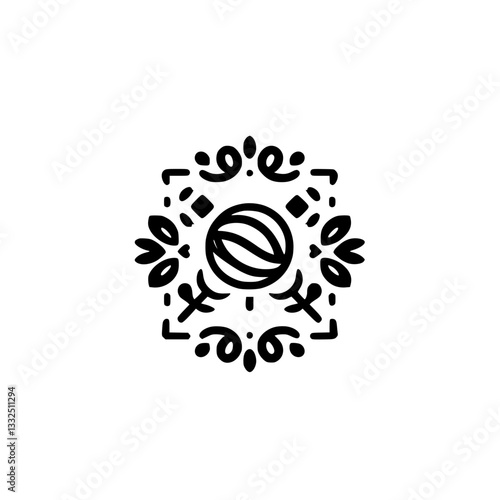 Minimalist Black and White Ornate Emblem: A spherical core with stripes framed by stylized floral and geometric details, perfect for logos.