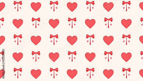 Elegant Flat Valentine Hearts and Ribbons Seamless Tile Pattern with Decorative Bows and Love Motifs for Stylish Valentine's Home Decor - Cute Vector Illustration
