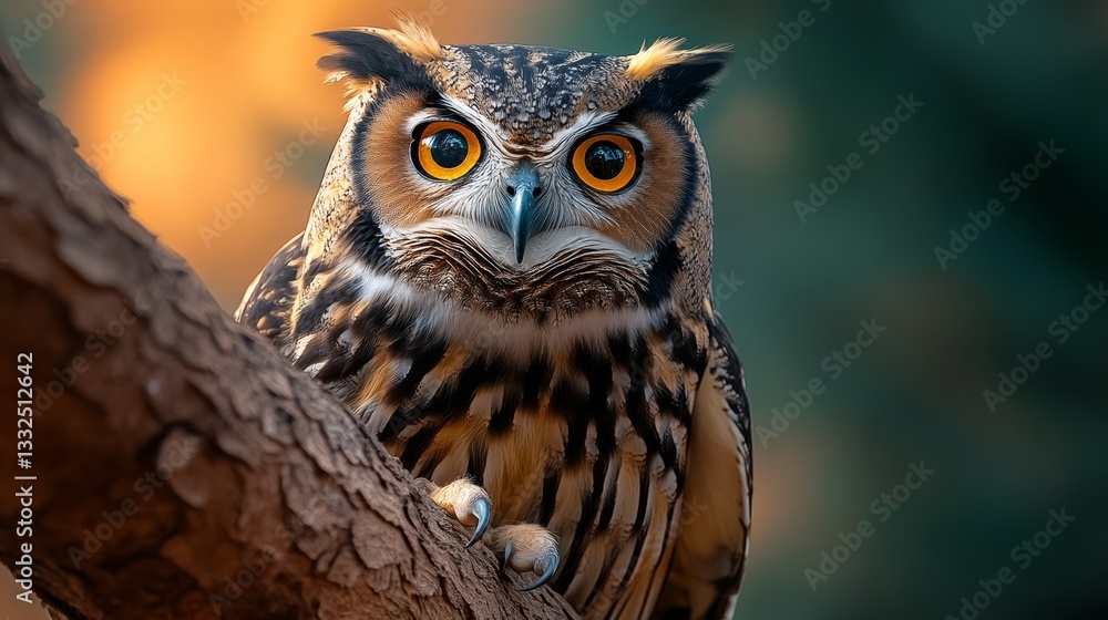Large owl is perched on a tree branch, staring at the camera. The image has a serene and peaceful mood, as the owl appears to be calmly observing its surroundings Large owl is perched on a tree branch, staring at the camera. The image has a serene and peaceful mood, as the owl appears to be calmly observing its surroundings
