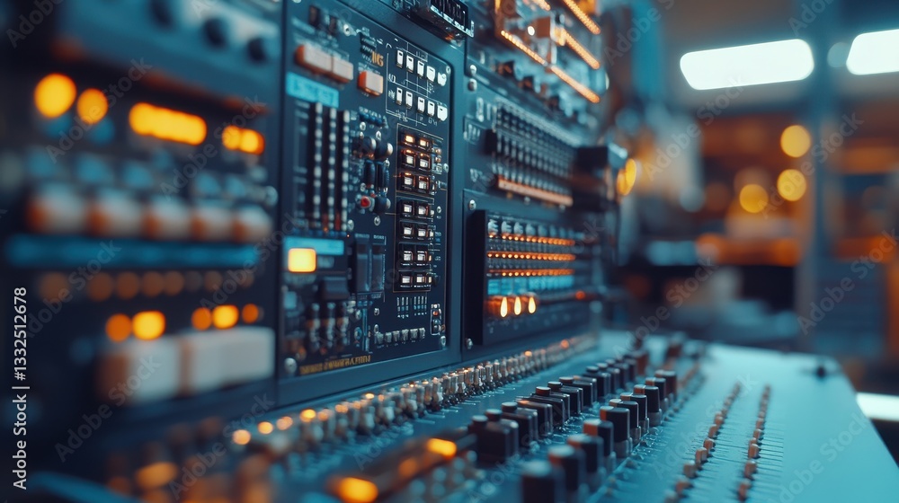 Close-up of analog audio equipment with lights and dials in recording studio Close-up of analog audio equipment with lights and dials in recording studio