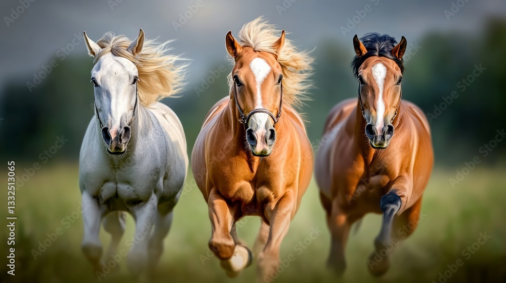 Three horses running in a field. The horses are brown and white Three horses running in a field. The horses are brown and white
