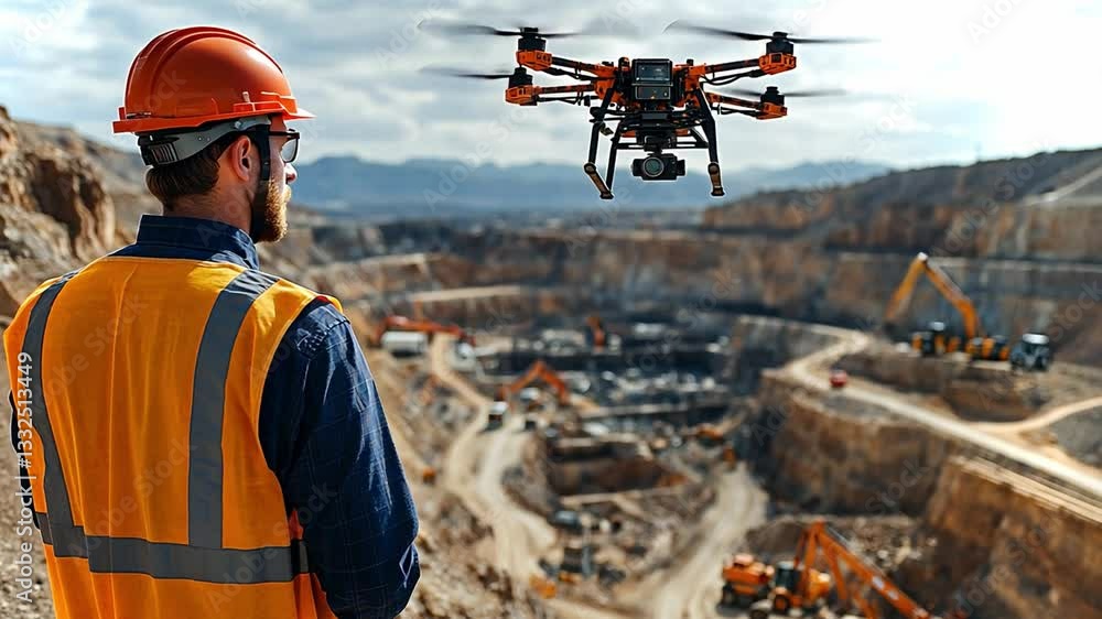 Surveying a construction site with a drone in a mining location during daylight hours
