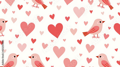 Charming Seamless Tile Pattern of Flat Valentine Hearts & Love Birds in Pastel Colors for Romantic Decor