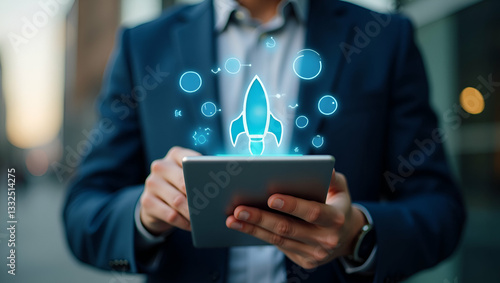 Wallpaper Mural Flat Startup business concept with strategic planning and business success businessman using tablet displaying startup icon to launch new business. concept as Businessman uses tablet with startup icon Torontodigital.ca