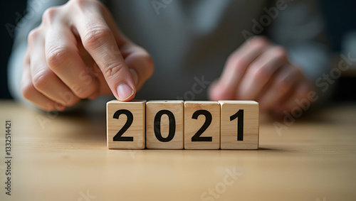 New Year 2021: Hand Placing Wooden Cubes on Progress Bar Concept