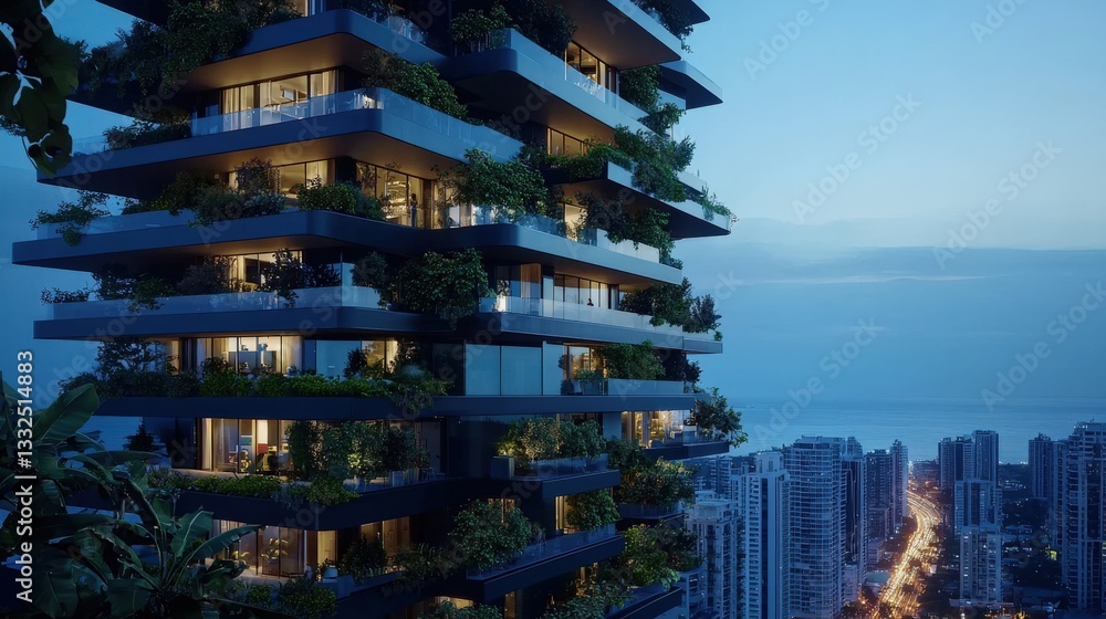 Obraz premium An energy-efficient skyscraper with greenery growing on every balcony