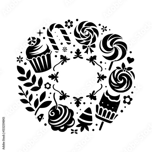 Black and White Vector Illustration of a Sweet Wreath Composition Featuring Candies, Sweets, Cupcake, and Floral Elements on White.