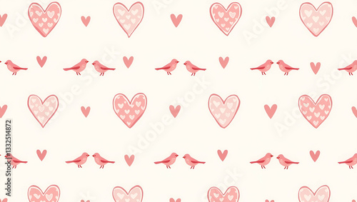 Charming Seamless Tile Pattern of Flat Valentine Hearts & Love Birds in Pastel Colors for Romantic Decor