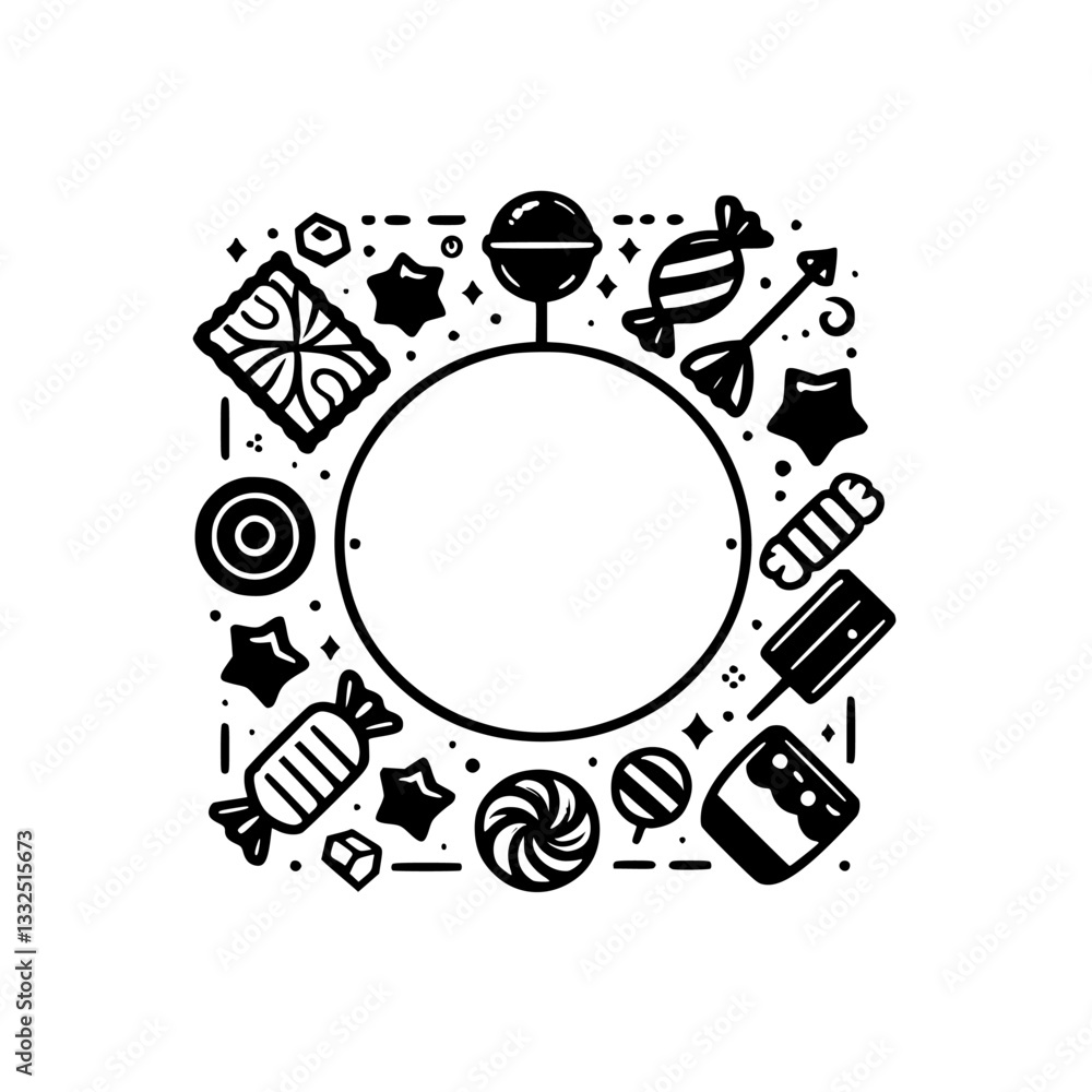Black and white vector illustration of a circular frame adorned with various candies, sweets, and playful decorative elements. Black and white vector illustration of a circular frame adorned with various candies, sweets, and playful decorative elements.