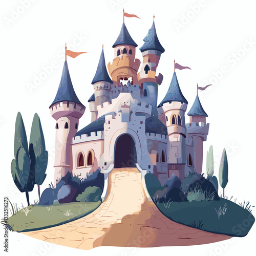 A whimsical illustration of a grand castle with tall towers and flags. The entrance is flanked by trees and a wide pathway leading to the entrance, giving the image a magical fairytale atmosphere