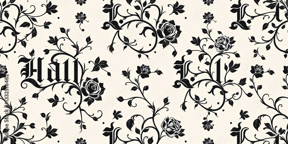 Gothic Lettering Seamless Pattern with Thorny Vines and Stylized Roses Gothic Lettering Seamless Pattern with Thorny Vines and Stylized Roses