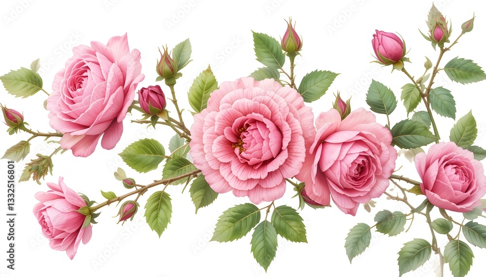 An isolated white background with pink roses. Pink flowers, buds, and green foliage are seen in this watercolor botanical artwork. Branching roses An isolated white background with pink roses. Pink flowers, buds, and green foliage are seen in this watercolor botanical artwork. Branching roses