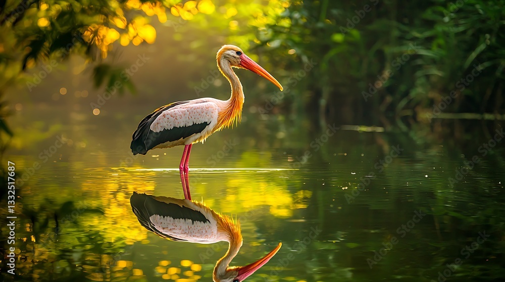 Obraz premium A wading bird stands in shallow water, its reflection mirrored perfectly. Sunlight filters through a lush forest canopy