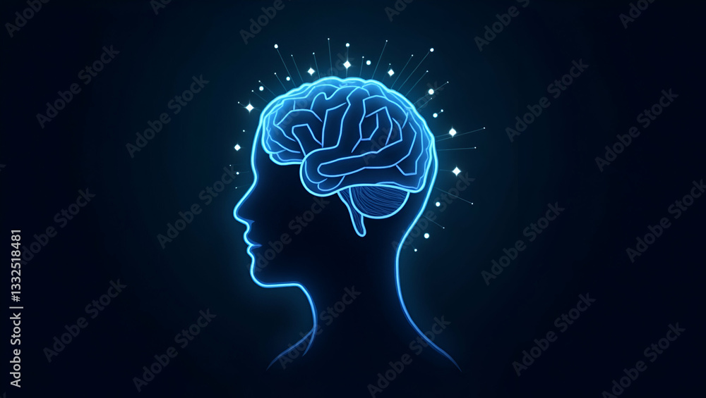 Obraz premium Flat Low Poly Brain: Abstract Vector Illustration of Wisdom with Polygonal Wireframe Design in Blue on Dark Background - A Smart Business Concept with Lines and Dots