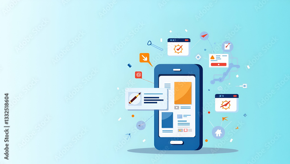 Flat Vector Business Digital Marketing: Mobile Phone Connection Concept Flat Vector Business Digital Marketing: Mobile Phone Connection Concept