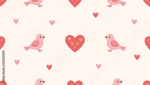 Charming Seamless Tile Pattern of Love Birds & Pastel Hearts for Decor