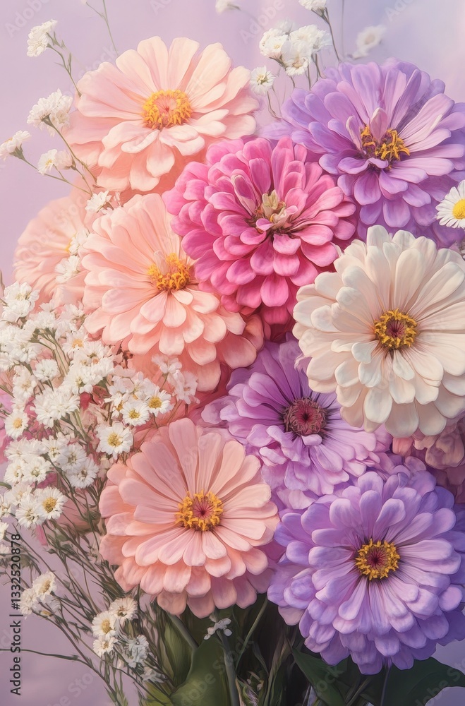 Fototapeta premium Beautiful Arrangement of Multi-Colored Zinnia Flowers with Delicate White Gypsophila on a Soft Pastel Background