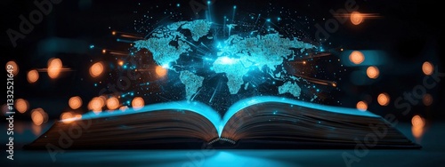 An open book projecting a holographic map of the world.