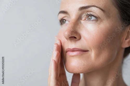Mature middle age woman with hand on her cheek with natural skin and anti age skin cream.Macro.AI Generative.