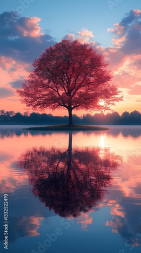 Pink and blue leaves lake scenery illustration poster background
