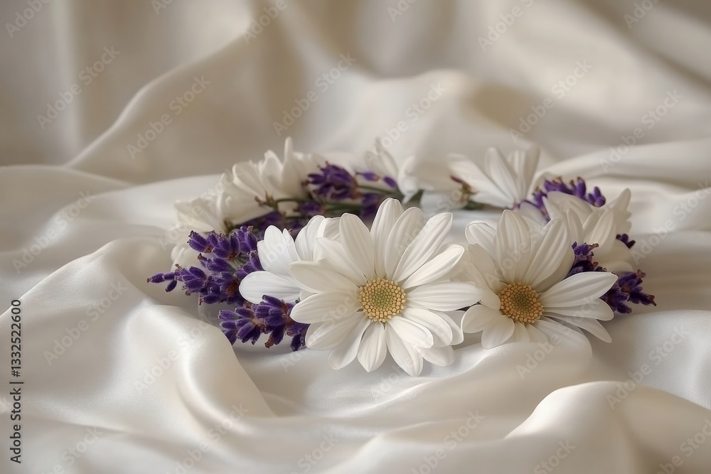 Floral crown of daisies and lavender resting on soft fabric Generative AI Floral crown of daisies and lavender resting on soft fabric Generative AI