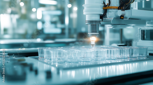 A modern automated plastic injection molding machine in action, producing food storage containers. The precise manufacturing process where molten plastic is injected into a mold