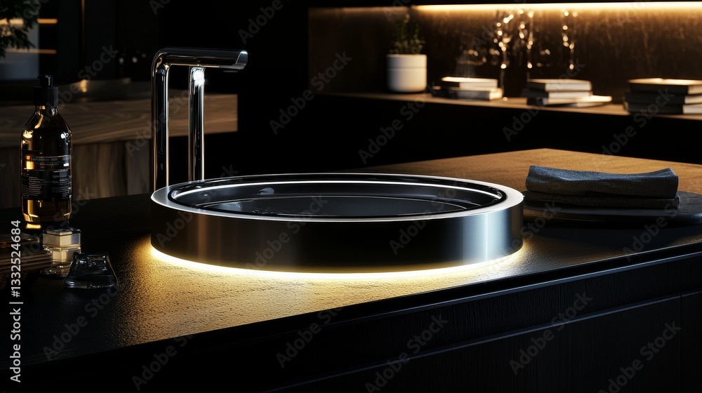 Fototapeta premium Modern kitchen sink with sleek design and lighting.