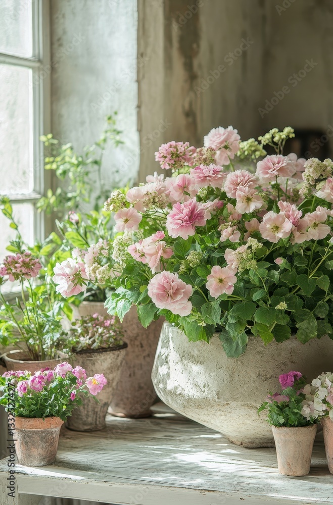 Beautiful arrangement of pink flowers in a rustic setting with pots near a window, showcasing a serene and inviting indoor garden atmosphere Beautiful arrangement of pink flowers in a rustic setting with pots near a window, showcasing a serene and inviting indoor garden atmosphere