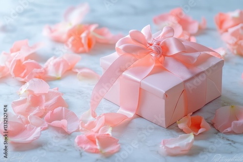 Pastel pink gift box surrounded by soft rose petals on a marble surface Generative AI