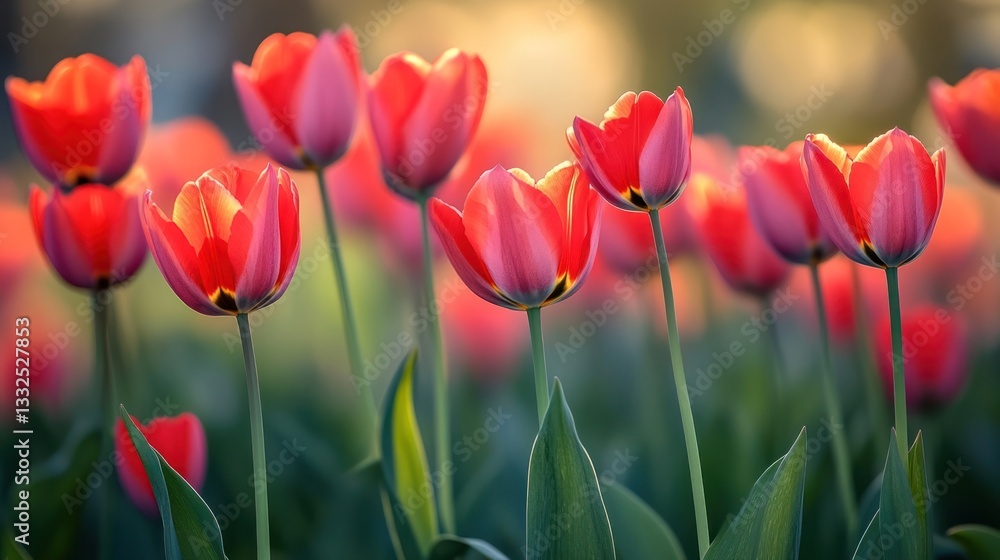 Naklejka premium Glowing Red Tulips in Soft Golden Sunset Light