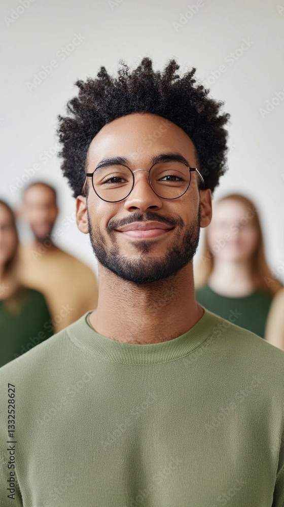 Obraz premium Confident Young Man with Glasses Smiling in Group Setting