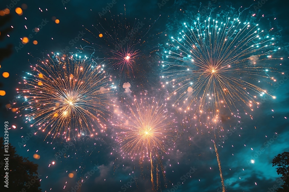 Obraz premium Blue and Gold Fireworks Night Event Background