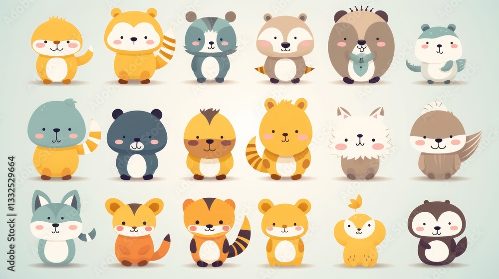 Cute cartoon animals set. A collection of adorable, chubby woodland animals in a kawaii or baby-friendly style Cute cartoon animals set. A collection of adorable, chubby woodland animals in a kawaii or baby-friendly style