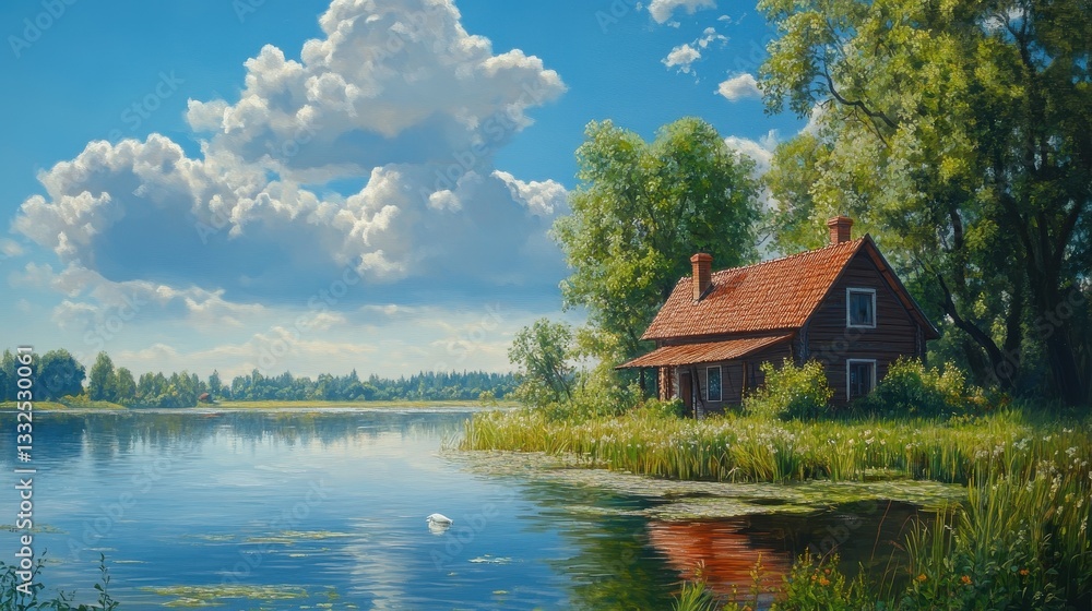 Naklejka premium Idyllic lakeside cottage with lush greenery and white clouds on a sunny day