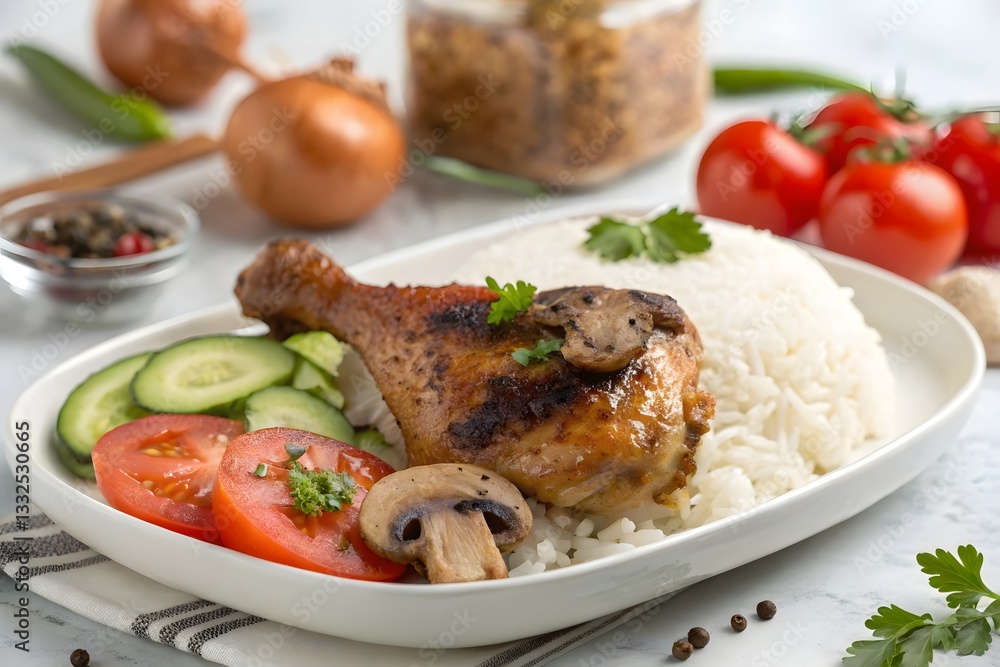 A close-up, appetizing image of a roasted chicken leg quarter served on a white oval plate with rice, sliced tomatoes, cucumbers, and a mushroom sauce, garnished with parsley, with a blurred backgroun A close-up, appetizing image of a roasted chicken leg quarter served on a white oval plate with rice, sliced tomatoes, cucumbers, and a mushroom sauce, garnished with parsley, with a blurred backgroun