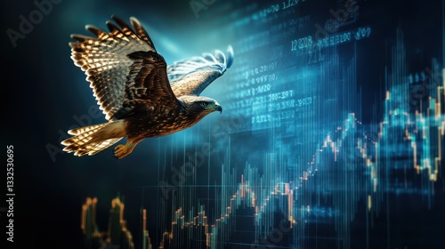 Majestic hawk soaring upwards amidst digital financial data representing market trends and stock movement in a visually striking composition