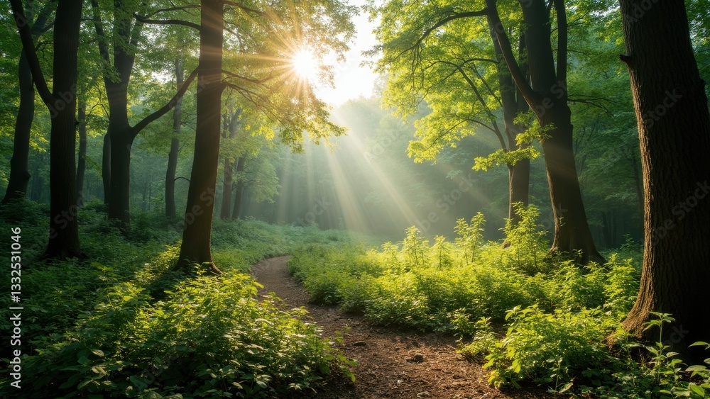 Obraz premium Forest path is illuminated by the sun, creating a peaceful and serene atmosphere. The sunlight filters through the trees