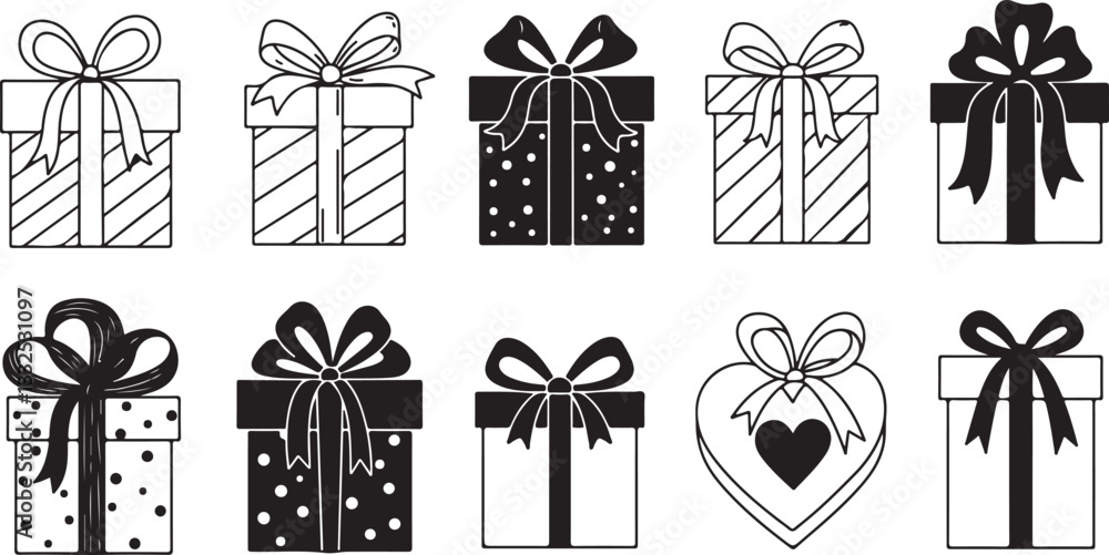 Fototapeta premium Set of Black and White Crosses, Set of elegant holiday gift box icons in flat style, perfect for stylish gift presentations and celebrations.