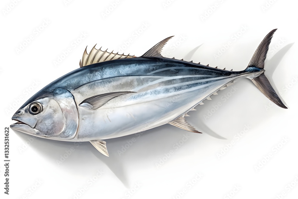 A studio-style, isolated image of a whole tuna fish, lying horizontally on a clean white background, with a focus on its silvery skin and fin details. A studio-style, isolated image of a whole tuna fish, lying horizontally on a clean white background, with a focus on its silvery skin and fin details.