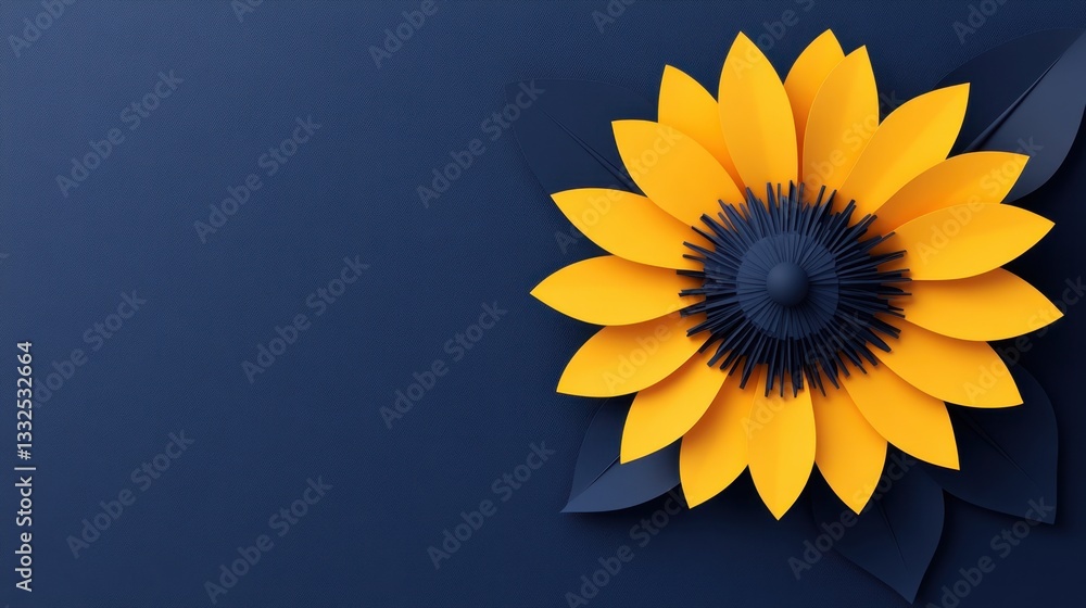 Obraz premium Paper cutout-style of a sunflower turning towards the sunlight, with bright yellow petals and a deep navy background, symbolizing the life-giving energy of nature and growth.