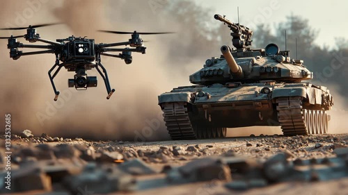 A drone next to a tank on the war. V1