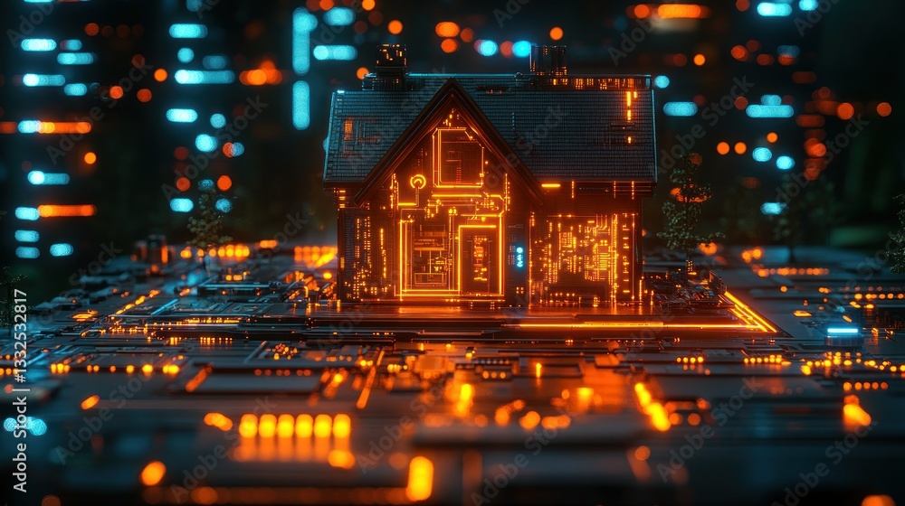 Futuristic smart home on a digital circuit board Futuristic smart home on a digital circuit board