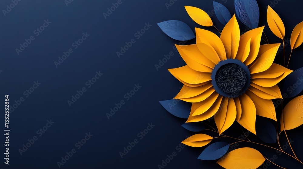 Obraz premium Paper cutout-style of a sunflower dancing in the breeze, with radiant yellow petals against a deep navy backdrop, symbolizing the dynamic and uplifting energy of the natural world.