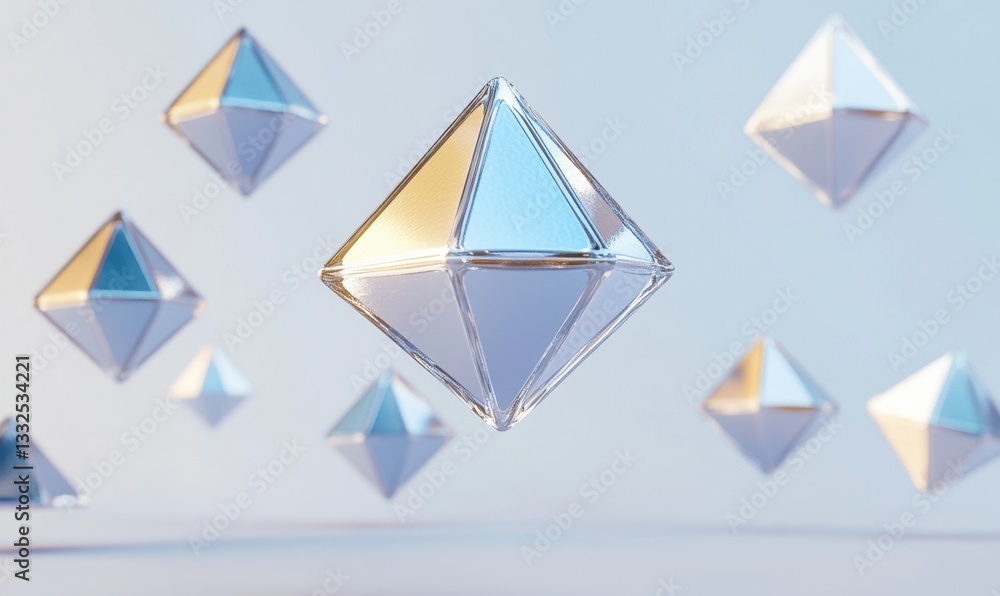 Floating glass octahedrons in a soft light studio backdrop Floating glass octahedrons in a soft light studio backdrop