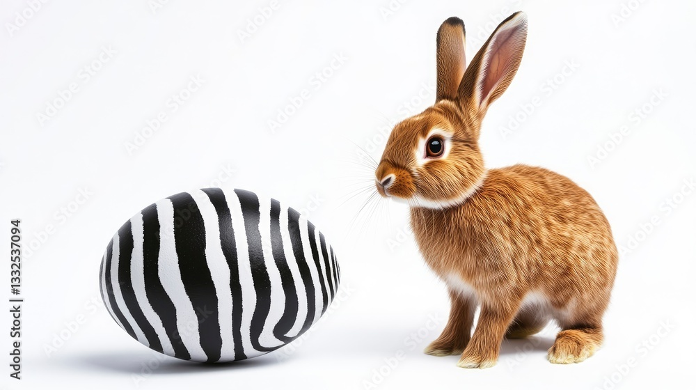 Fototapeta premium Happy easter day with bunny and zebra egg in bright setting