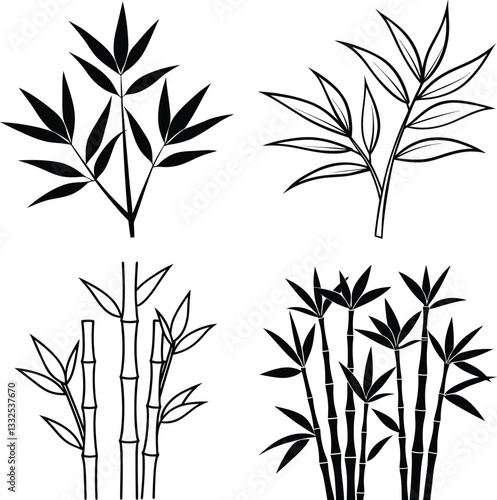 Bamboo Plant Illustrations Black and White Line Art Designs