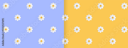 Two bright spring seamless patterns. Light print, chamomile. Light, positive shades. Pattern for printing packaging, fabric for bed linen, summer ornaments. Samples in swatches